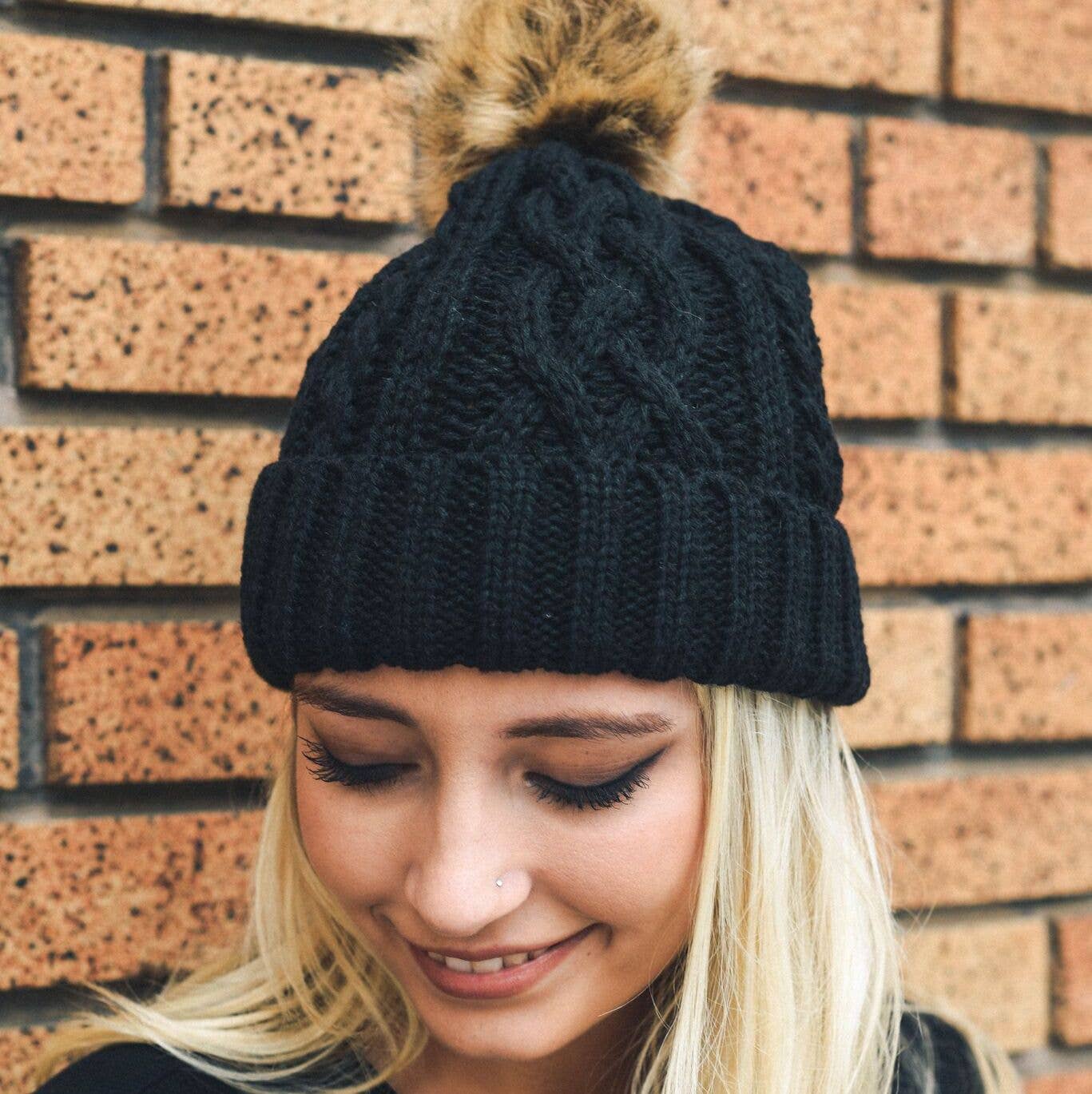 Cable Knit Beanie With Faux Fur Pom - Whimsical Details