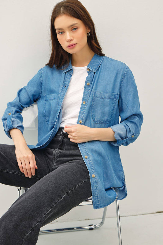 DENIM TENCEL BUTTON UP OVERSIZED SHIRT