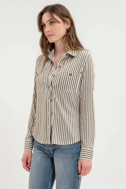 STRIPE COLLARED LONG SLEEVE BUTTON DOWN SHIRT