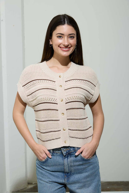 Multi-Stripe Short Sleeve Button Down Cardigan