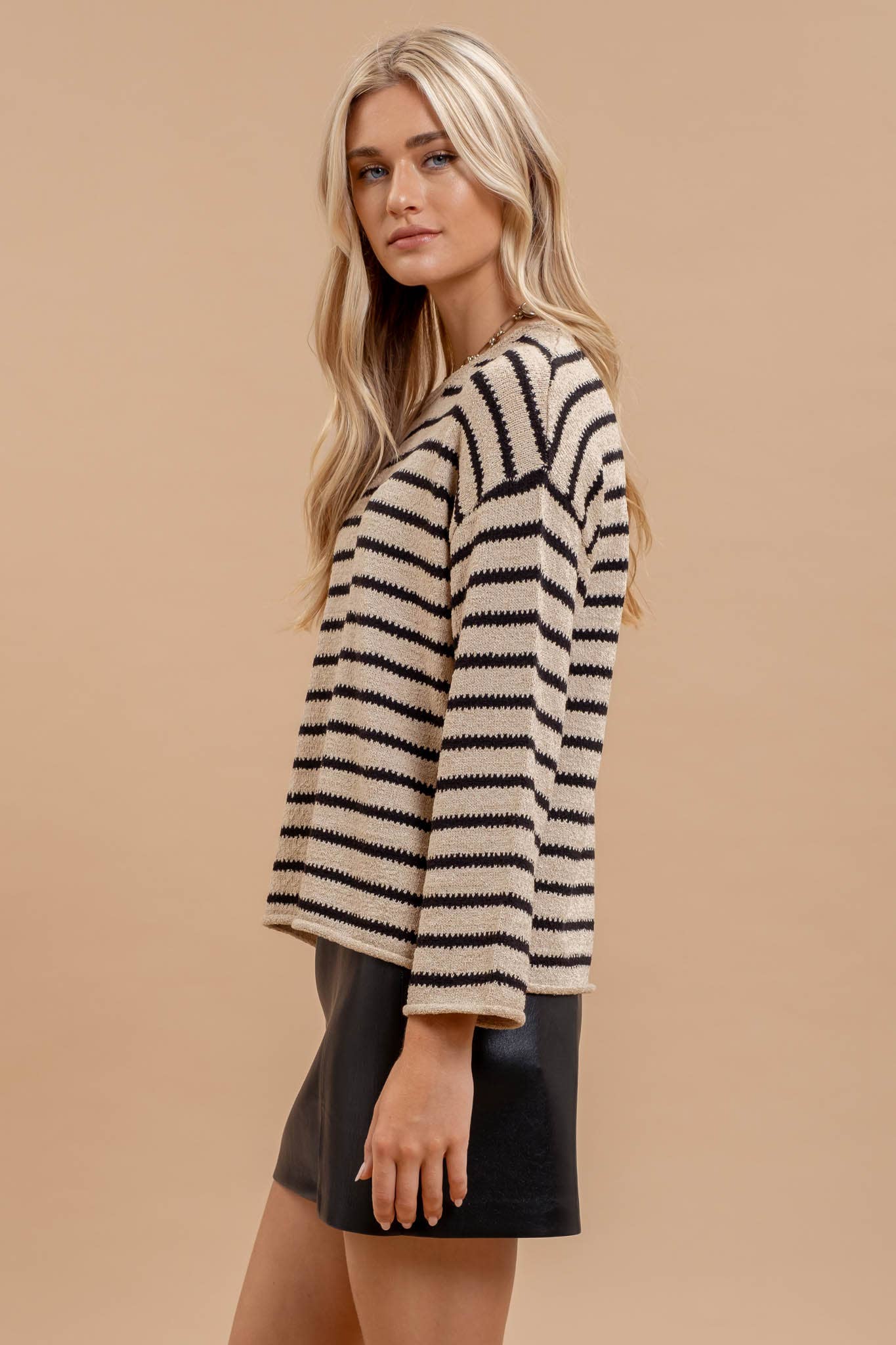 STRIPE BOAT NECK DROP SHOULDER KNIT SWEATER - Whimsical Details - 