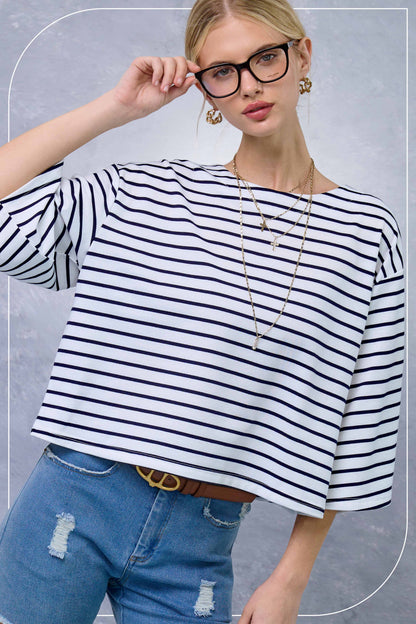 Striped Semi Crop Top with 3/4 Bell Sleeves