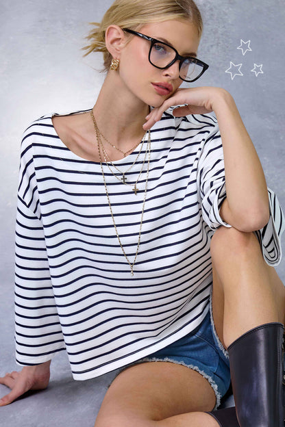 Striped Semi Crop Top with 3/4 Bell Sleeves