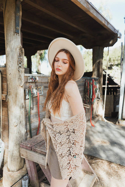 Crochet Floral Petal Kimono Wrap - Whimsical Details - ["kimono","lace","mocha","tie waist"]