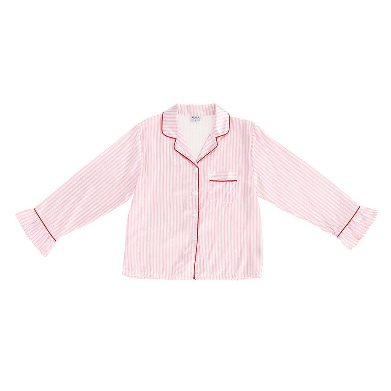 Ruffle PJ Set With Velvet Tie - Pink Stripe - Whimsical Details - []