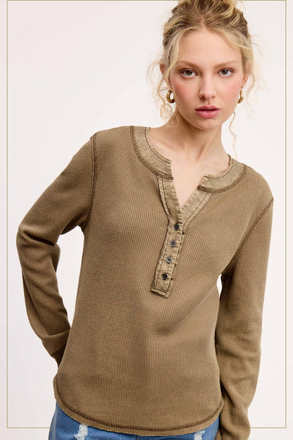 Waffle Long Sleeve Button Front Henley Top