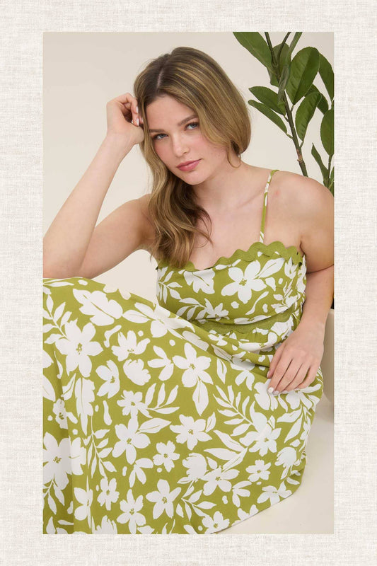 FLORAL WAVY TRIM BACK TIE MIDI DRESS