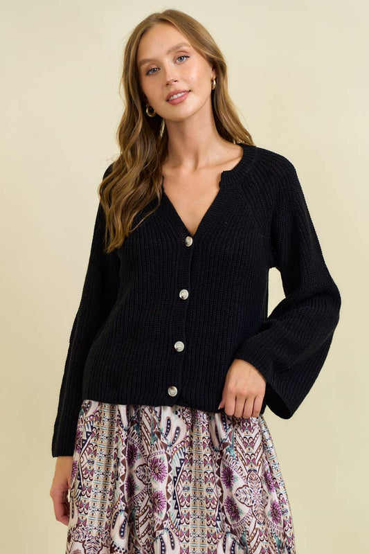 BLOUSON SLEEVE RIBBED CARDIGAN W/ BUTTONS