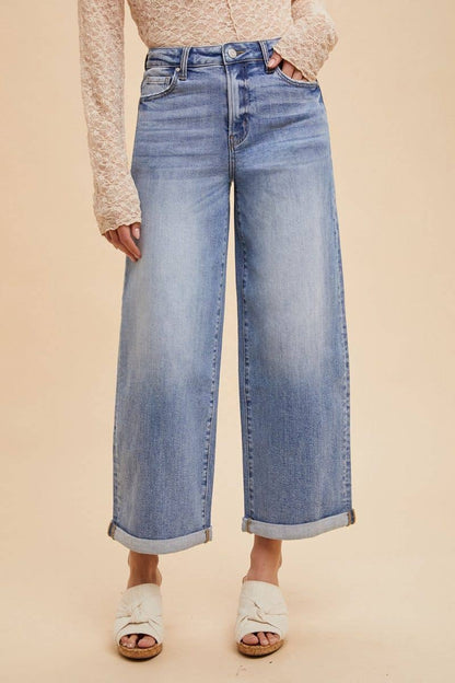 Stretch High Rise Wide Leg Roll-up Jean