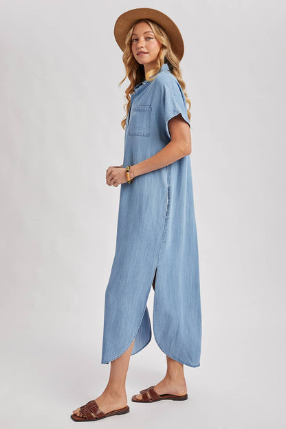 Denim Button Down Side Slit Shirt Maxi Dress