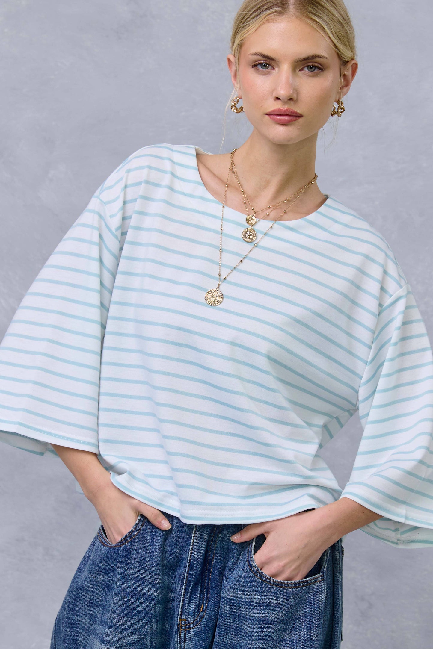 Striped Semi Crop Top with 3/4 Bell Sleeves