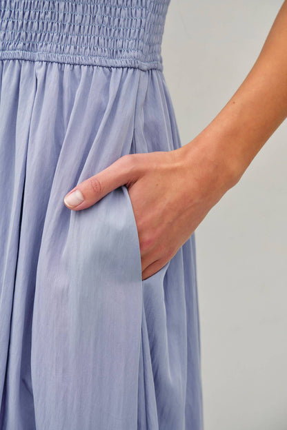 SMOCKED BODICE BOATNECK TANK MIDI DRESS