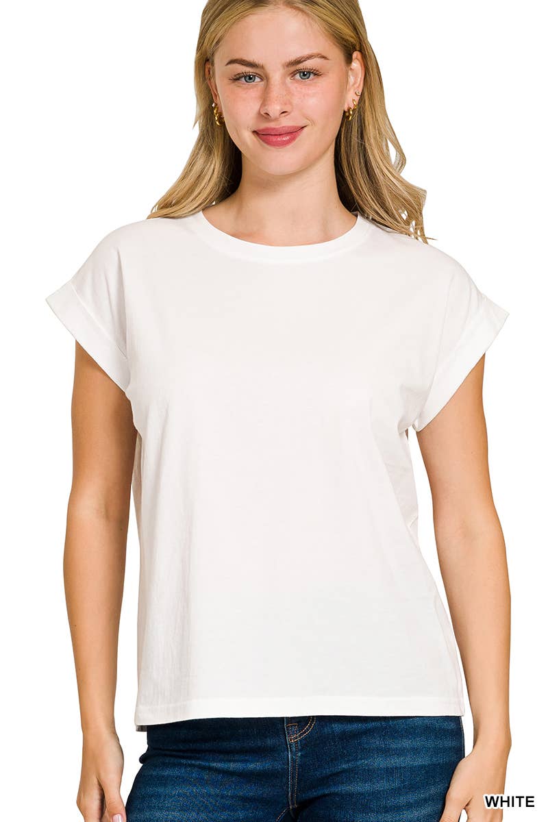 Round Neck Folded Short Sleeve T-shirt - Whimsical Details - ["Basic","cream shirt","shirt","t shirt","tshirt"]