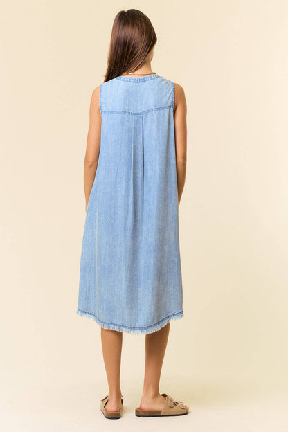 Tencel Denim Knee Length Sleeveless Henley Dress - Whimsical Details - ["denim dress","light blue","tencel"]