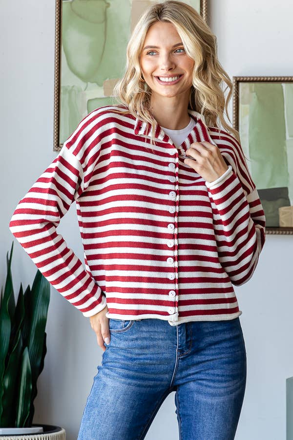 Mock Neck Stripe Sweater - Whimsical Details - ["button up","cardigan","snap cardigan","Spring","sweater"]