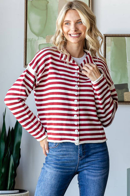 Mock Neck Stripe Sweater - Whimsical Details - ["button up","cardigan","snap cardigan","Spring","sweater"]