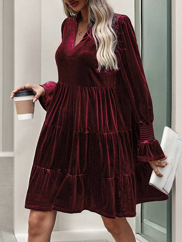 A-Line Long Sleeves Pleated Solid Color Velvet V-Neck Mini Dress Burgundy / S