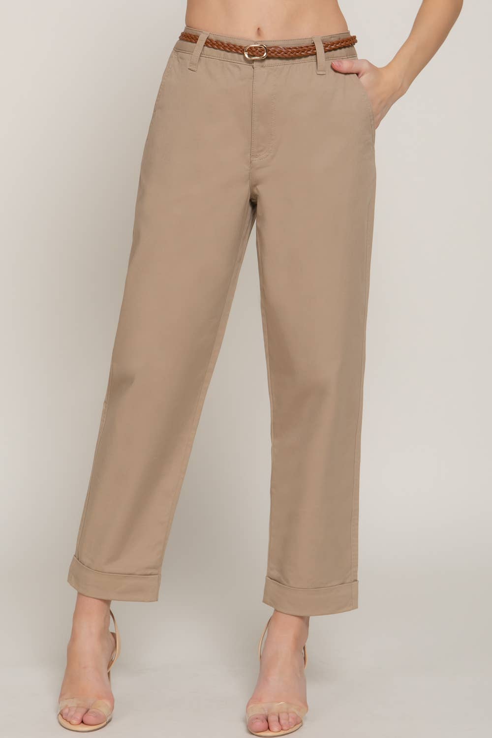 Chino Pants with Braided Belt - Whimsical Details - ["belt","belts","khaki","pants","tan belt"]