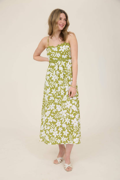 FLORAL WAVY TRIM BACK TIE MIDI DRESS