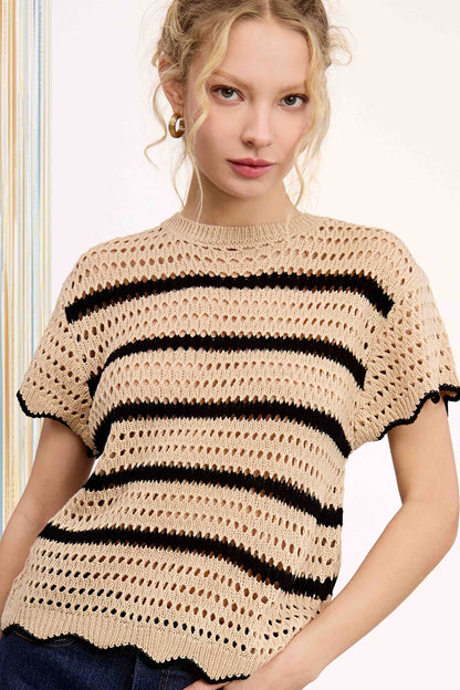 Round Neck Scalloped Edge Short Sleeve Sweater Easte