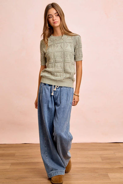 Washed Textured Short Sleeve Breathable Knit Top