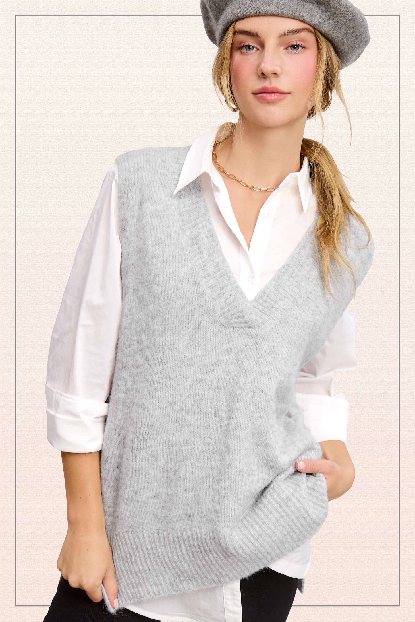 Oversized Soft Knit Sweater Vest with Side Slit - Whimsical Details - ["black sweater","sweater","Sweater Vest","v neck","vest"]