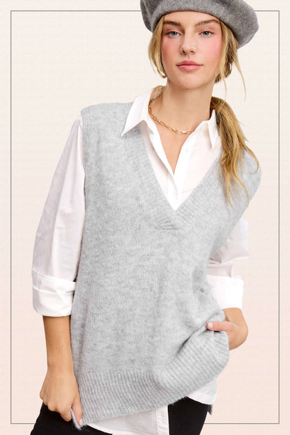 Oversized Soft Knit Sweater Vest with Side Slit - Whimsical Details - ["black sweater","sweater","Sweater Vest","v neck","vest"]