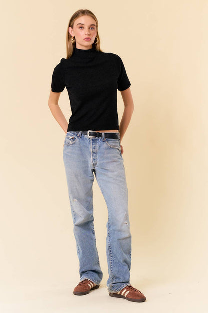 MOCK NECK HALF SLEEVE BASIC SWEATER TOP