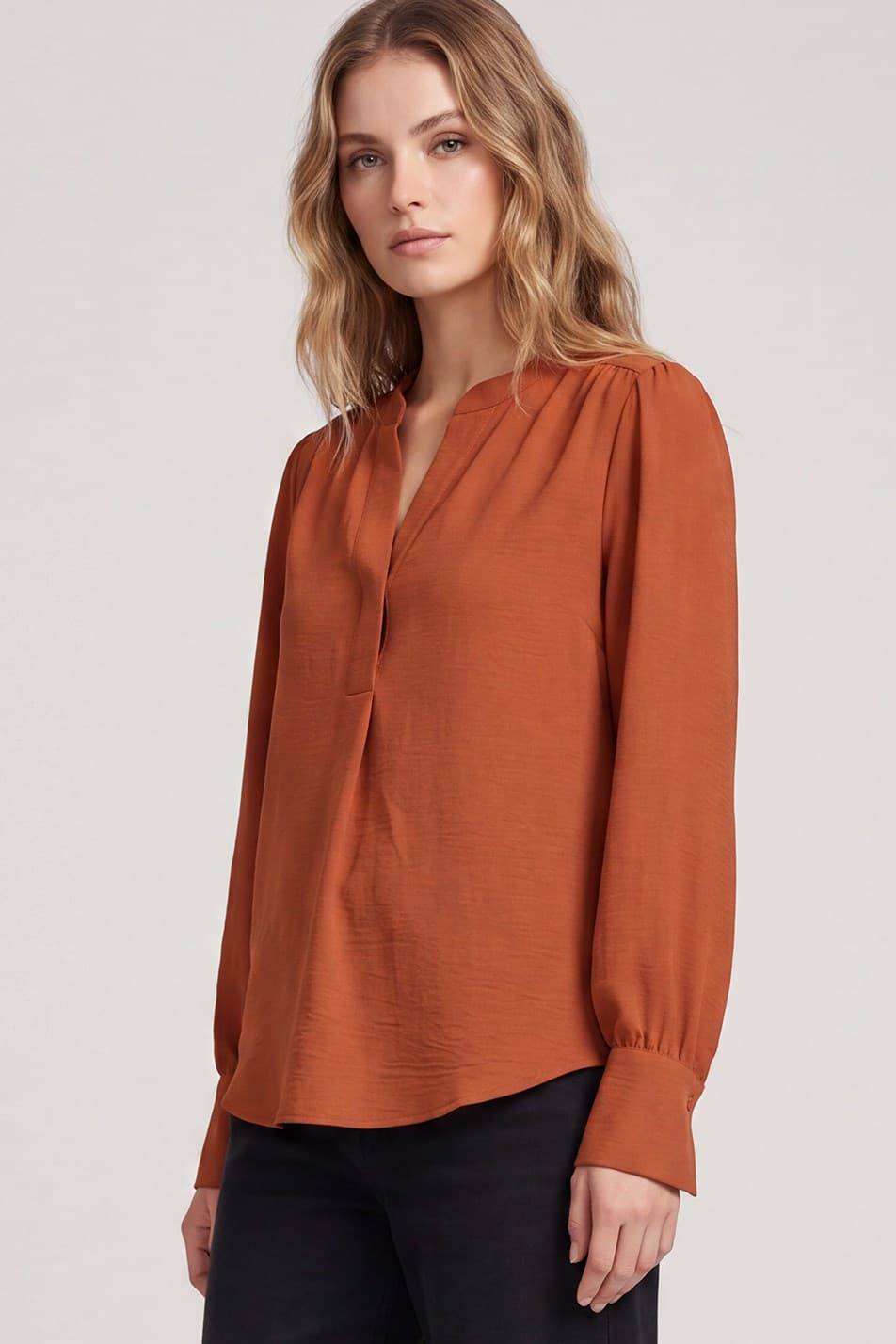 Long Sleeve Split-neck Woven Top