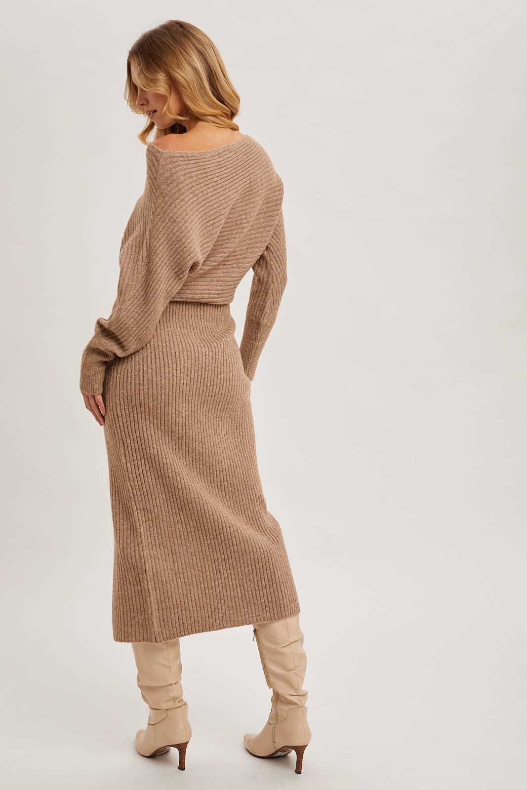 One Shoulder Off Side Slit Midi Knit Sweater Dress