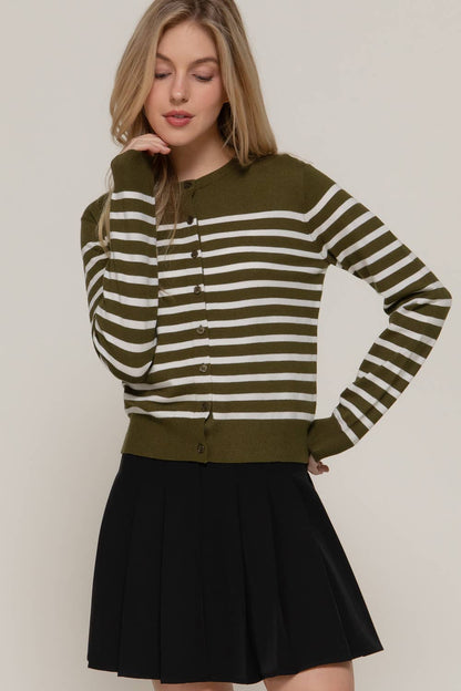 Long Sleeve Crew Neck Stripe Sweater Cardigan