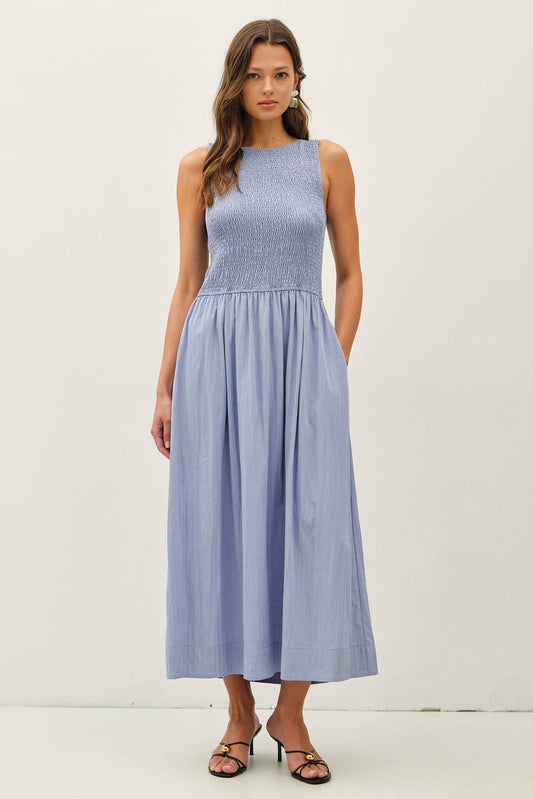 SMOCKED BODICE BOATNECK TANK MIDI DRESS