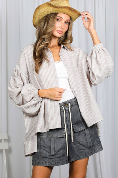 Stripe Print Long Balloon Sleeve Oversized Shirt - Whimsical Details - ["shirt","Spring","striped","stripes","top","tops"]