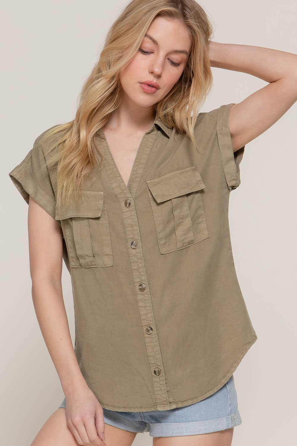 Dolman Short Sleeve Button Down Tencel Shirt