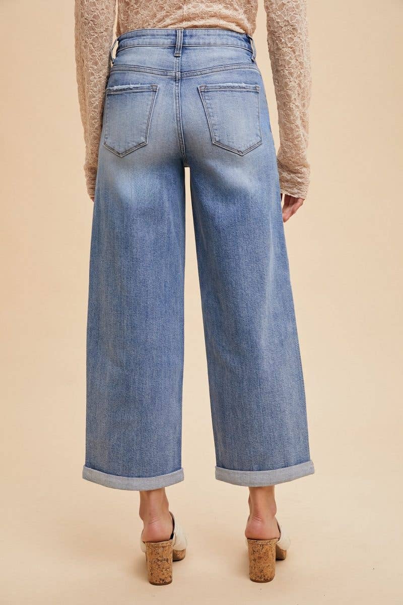 Stretch High Rise Wide Leg Roll-up Jean