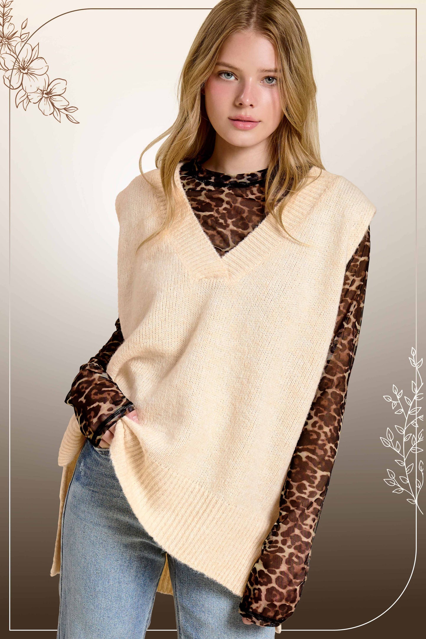 Oversized Soft Knit Sweater Vest with Side Slit - Whimsical Details - ["black sweater","sweater","Sweater Vest","v neck","vest"]