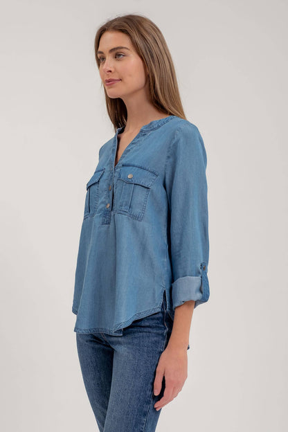 Chambray V-Neck Half Button Long Sleeve Top