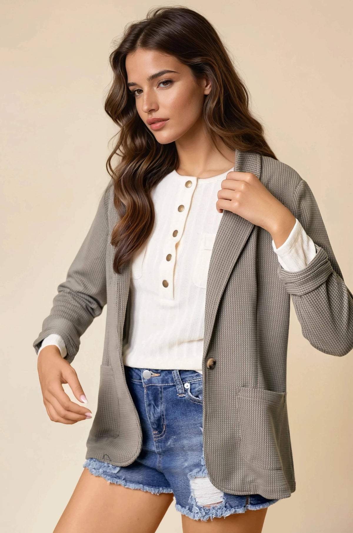 Shirred Sleeve Textured Blazer