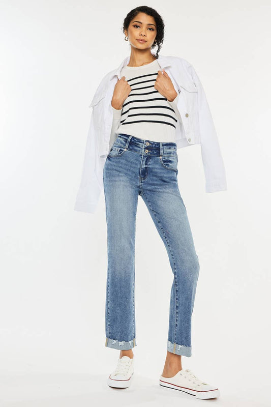 High Rise Slim Straight Medium Wash - Whimsical Details - denim, jeans, pants