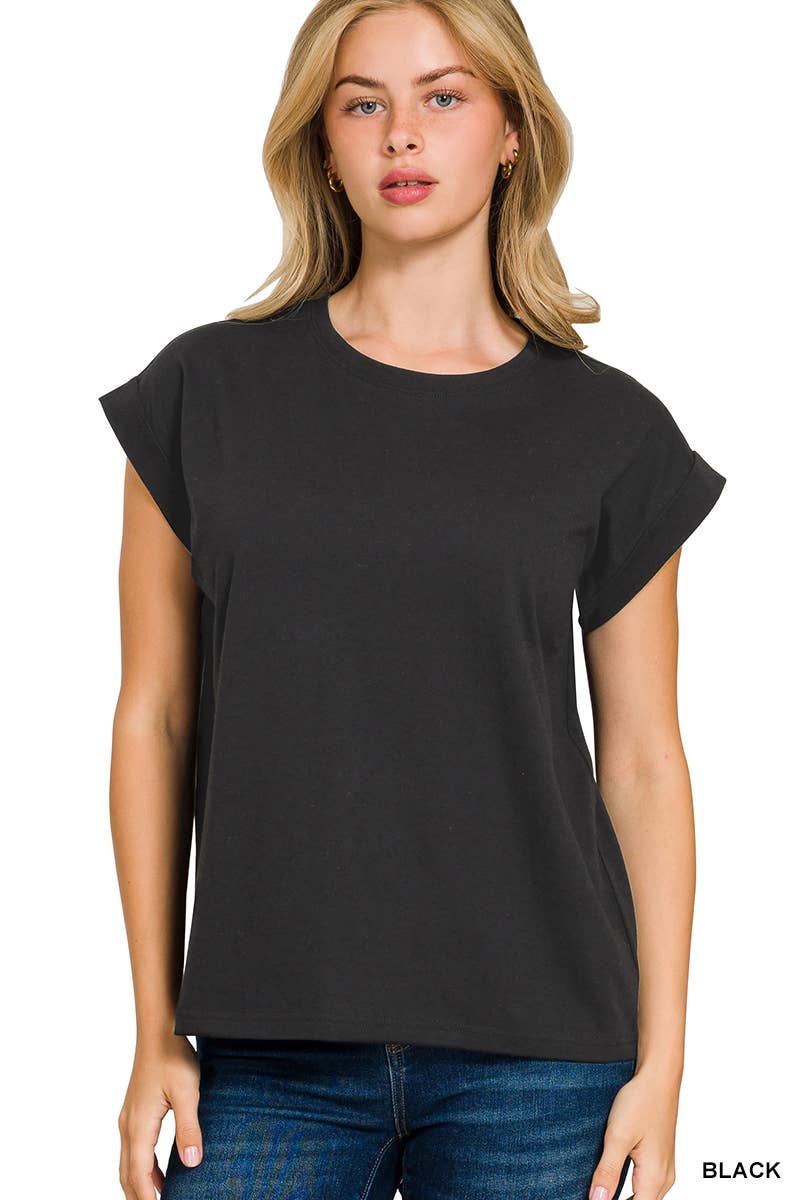 Round Neck Folded Short Sleeve T-shirt - Whimsical Details - ["Basic","cream shirt","shirt","t shirt","tshirt"]