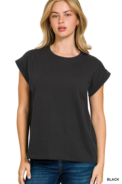 Round Neck Folded Short Sleeve T-shirt - Whimsical Details - ["Basic","cream shirt","shirt","t shirt","tshirt"]