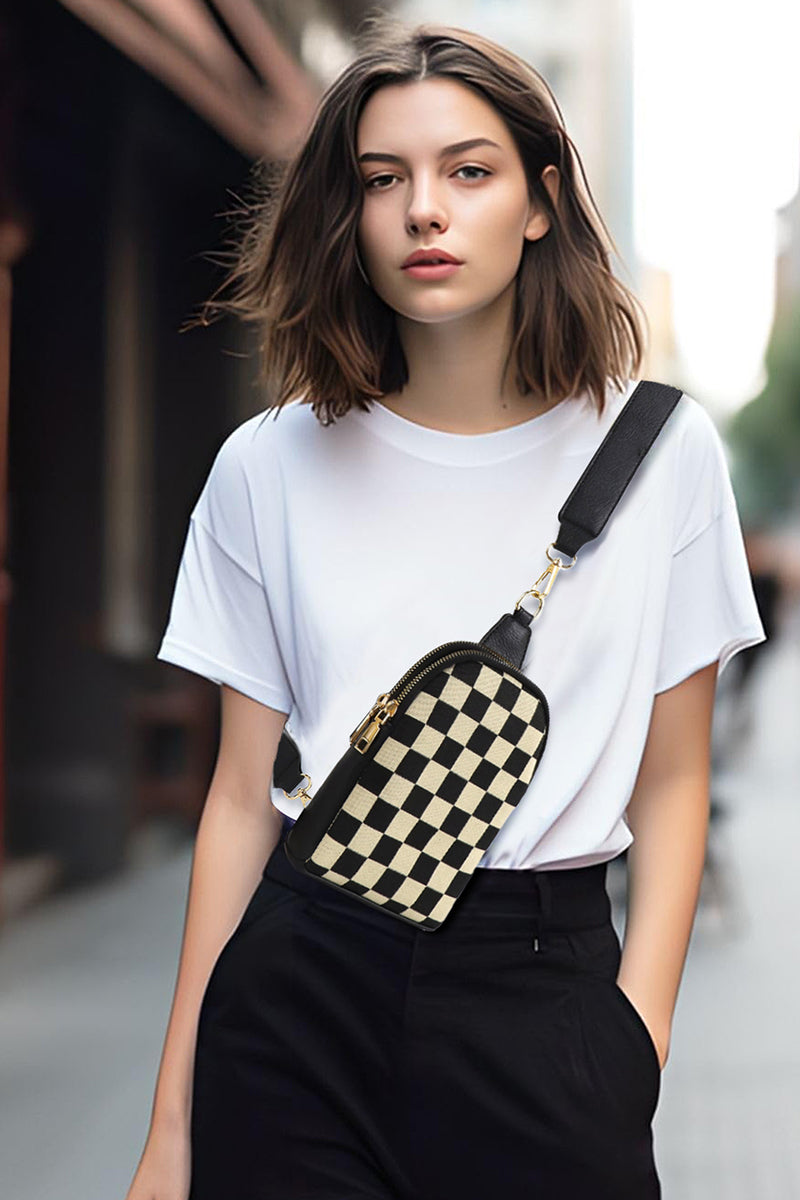 Checkered Crossbody Sling Bag - Whimsical Details - ["bag","black bag","black purse","checkered","crossbody","purse","sling bag"]