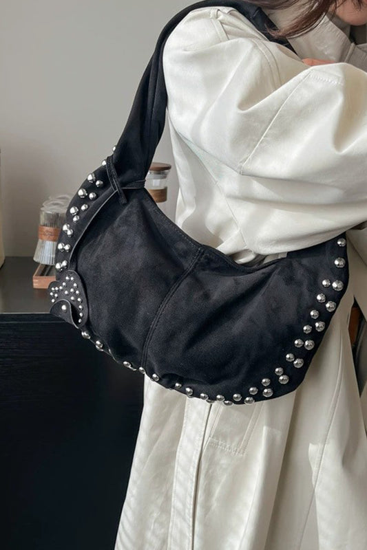 Faux suede studded shoulder bag