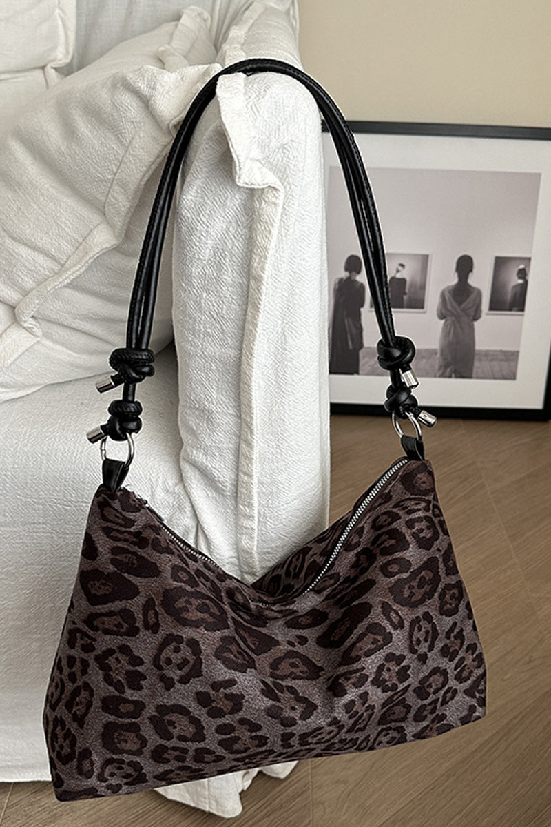 Vintage Leopard Faux Suede Shoulder Bag - Whimsical Details - ["bag","black bag","handbag","leopard","leopard purse","shoulder bag"]