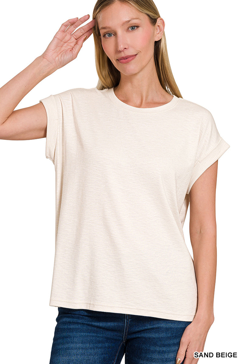 Cotton modal slub rolled sleeve tee - Whimsical Details - ["Basic","Comfy","cotton","sand beige","shirt"]