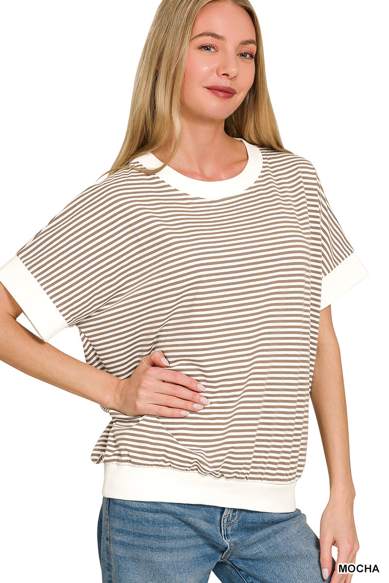 Stripe contrast trim rib banded t shirt