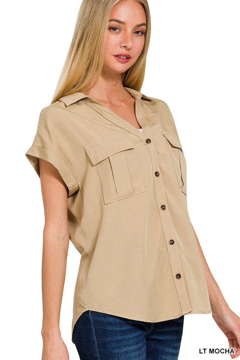 Tencel V-Neck Collared Top W/ Front Flap Pockets - Whimsical Details