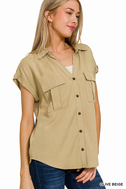 Tencel V-Neck Collared Top W/ Front Flap Pockets - Whimsical Details