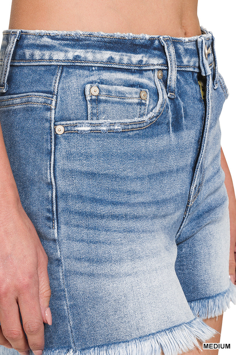 Mid rise raw frayed hem denim shorts - Whimsical Details - ["Denim Shorts","jean shorts","Medium wash","shorts","summer","summer 2026"]