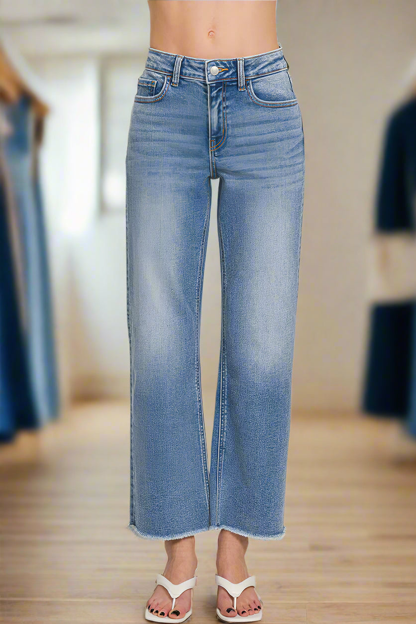 High Waist Straight Leg Medium Wash Denim Pants